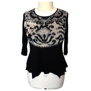 BLEU - Women's P XL Blouse Black & Beige Abstract Print 3/4 Sleeve Stretch